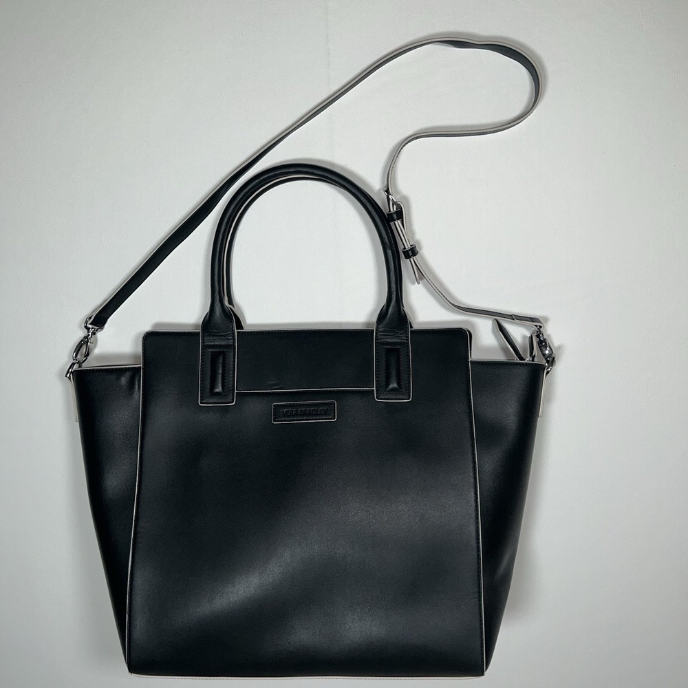 Vera Bradley Black Leather Satchel Shoulder Crossbody Tote Bag Medium Large